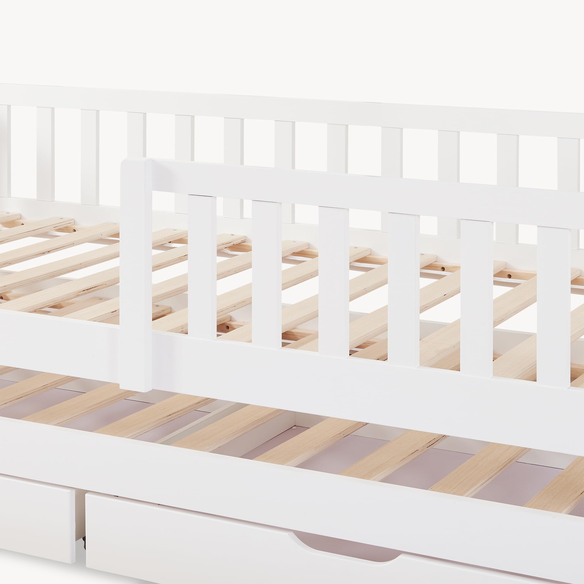 [en.casa] Letto per Cameretta a Forma di Casetta con Letto Estraibile Struttura in Legno di Pino a 2 Piazze con Barriera Anticaduta e 2 Cassetti 90x200 cm - Bianco