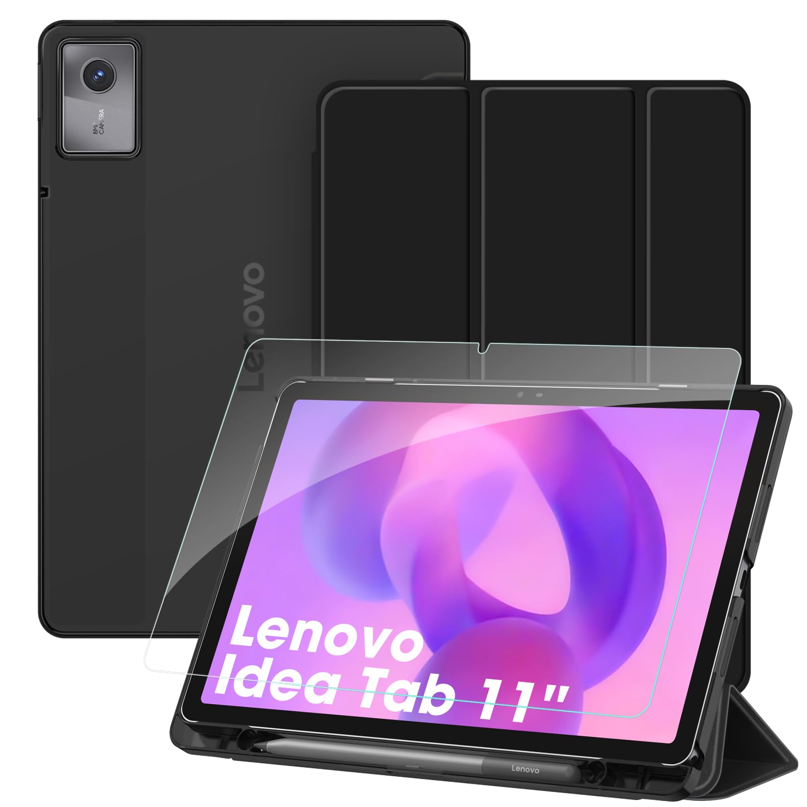 Fintie Hülle mit Schutzfolie für Lenovo Idea Tab 11 Zoll 2025 (TB-336ZU/ TB-336FU) - Ultradünn Schutzhülle mit Translucent Rückseite Cover mit Auto Schlaf/Wach Funktion, (Schwarz)