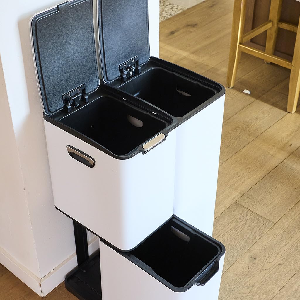 KITCHEN MOVE HAJA Mülleimer für die Küche, mit Tretschalter, Mülltrennung, Recycling, 60 l (13 + 17 + 30 l) aus Edelstahl, weiß, mit Eimer