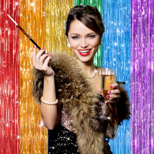 Image of 2Pack Rainbow Foil Fringe Curtains Backdrop Decorations, Rainbow Metallic Tinsel Foil Streamers Curtain Photo Booth Background for Birthday Wedding Engagement Bridal Shower Unicorn Party Decorations