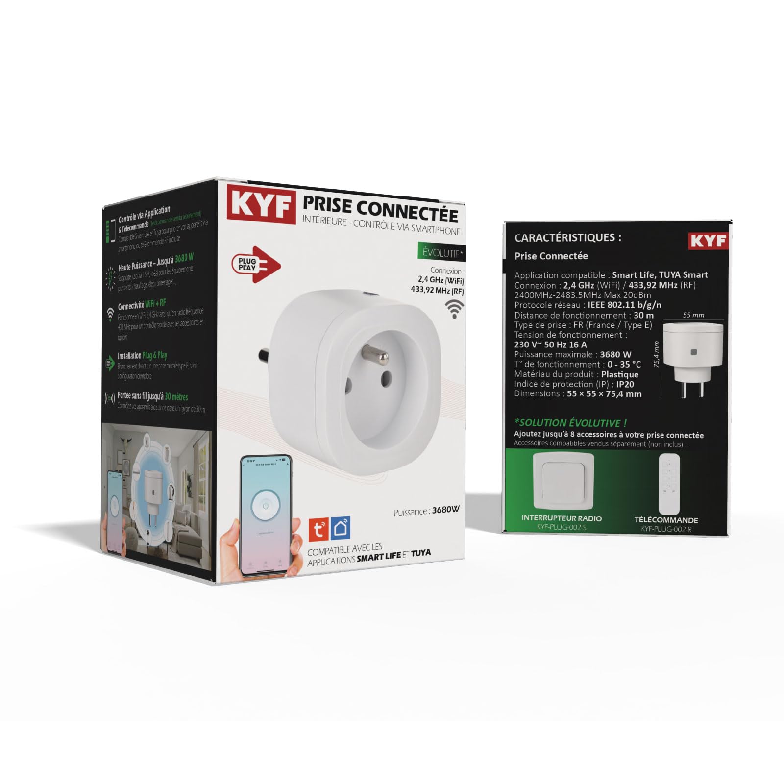 KYF Prise Connectée WiFi + RF 3680W avec Interrupteur Sans Fil, Compatible TUYA/Smart Life, Contrôle via Application, Type E, IP20