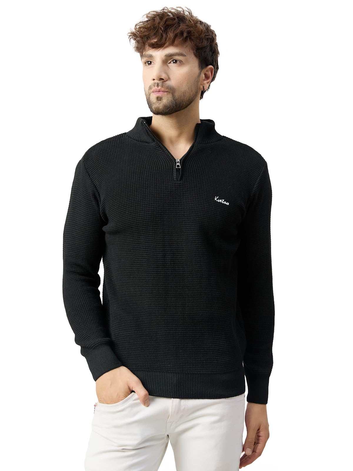 kvetoo Men High Neck Zipper Full Sleeve Woolen Winter Sweater Black Size L-picture-35