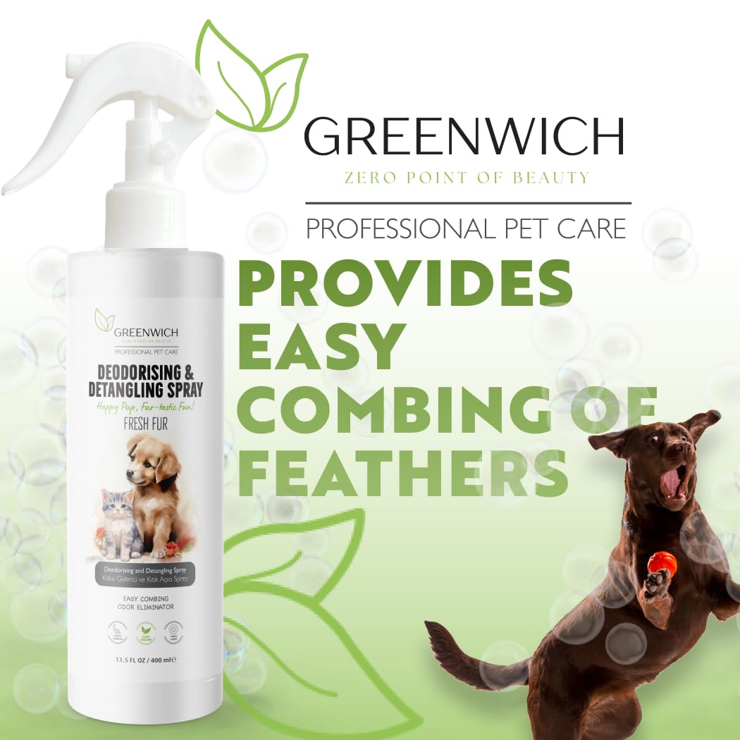 Greenwich 100% Vegan Entfilzungsspray & Deo Hunde Katzen 400 ml, Fellpflegespray, Sanfte Formel Welpen, Anti Filz Entwirrungsspray, Fellspray, pH-Wert