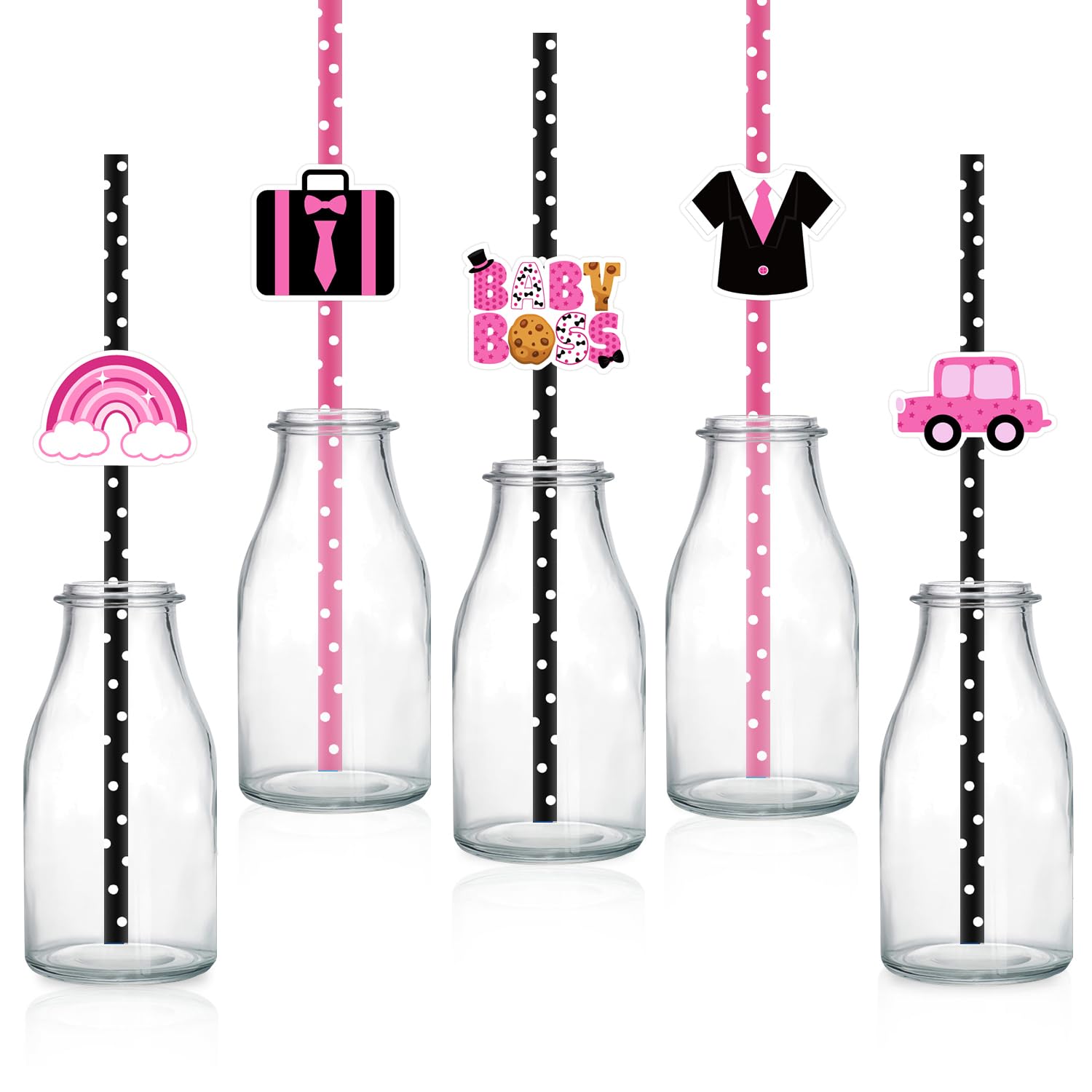 Pailles en papier rose et noir (lot de 50) pour anniversaire et baby shower