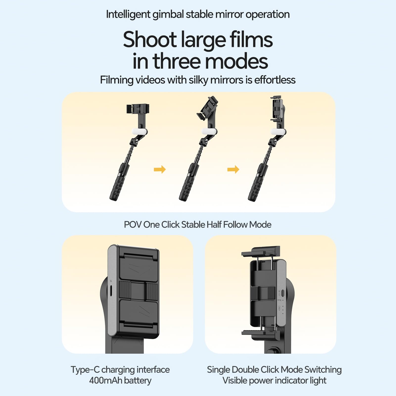 Kavolet Stabilizzatore portatile per telefono, treppiede per selfie stick con luce di riempimento a LED staccabile, otturatore remoto: tecnologia avanzata anti-shake per creatori di video online