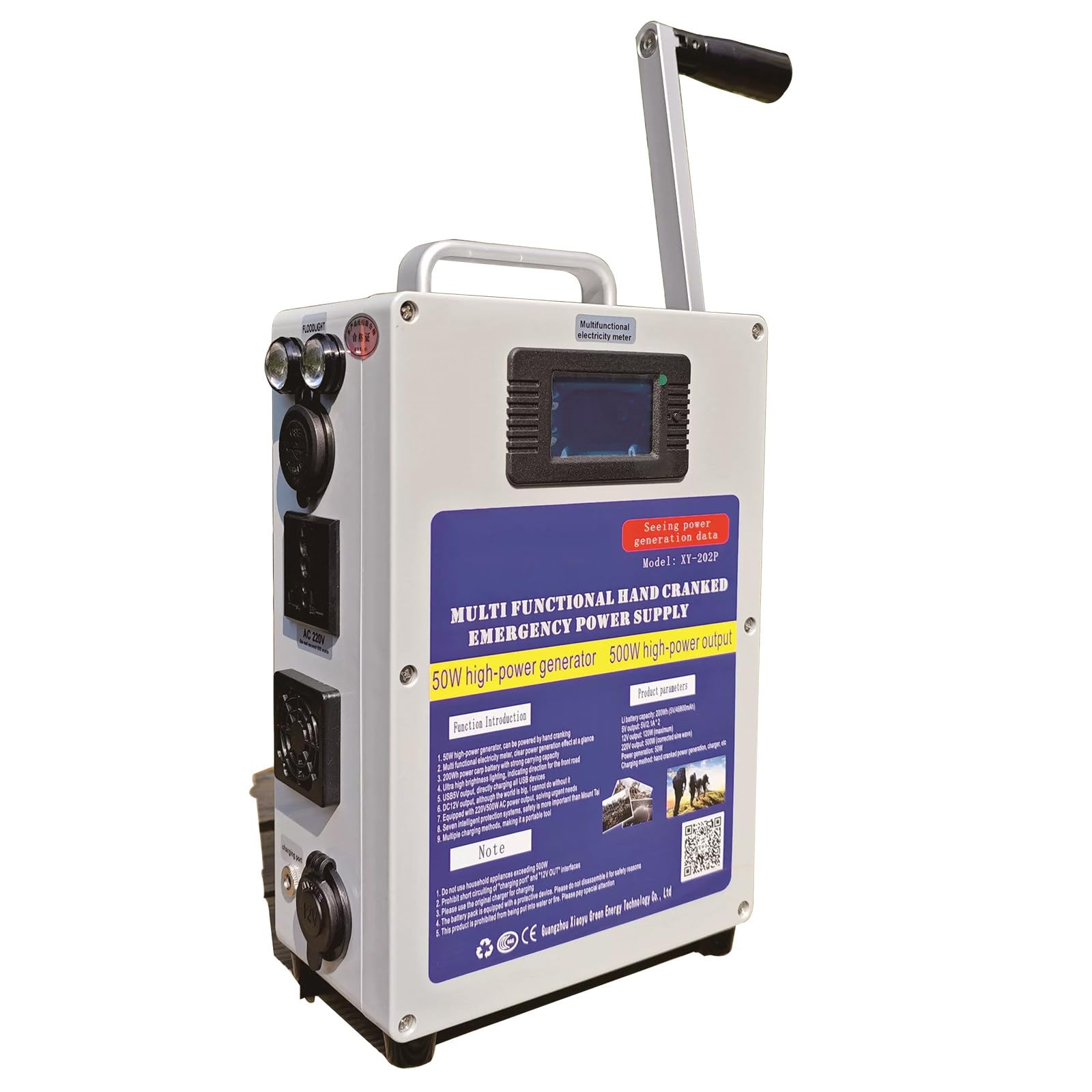 Generatore a Manovella da 500 W, 200 Wh, 46800 mAh, Stazione di Alimentazione Portatile con Presa, 220 V AC/DC/USB Generatori di Alimentazione Mobile, Alimentazione di Emergenza
