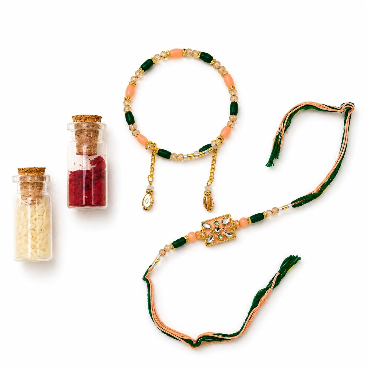 Premium Peacock Bhaiya Bhabhi Pink Rakhi Set with Matching Pearl Bracelet, Roli Chawal Bottles | Handmade Designer Raksha Bandhan Combo for Brother & Sister-in-Law-picture-24