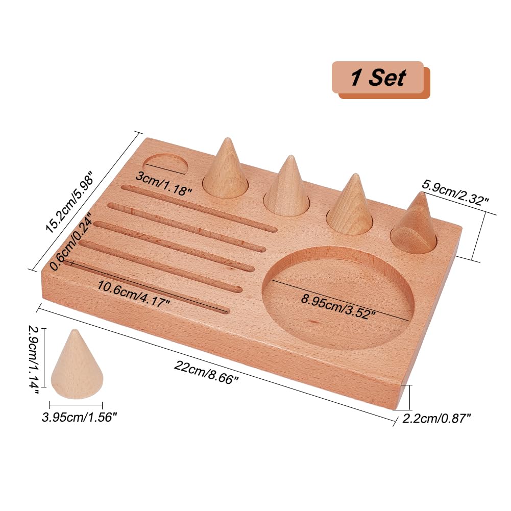 NBEADS Wood Ring Display, Wooden Finger Ring Display Tray Earring Jewelry Storage Holder Stand with 5 Pcs Cones for Finger Ring Earring Jewelry Trinket Small Item, 8.7×6×2.3