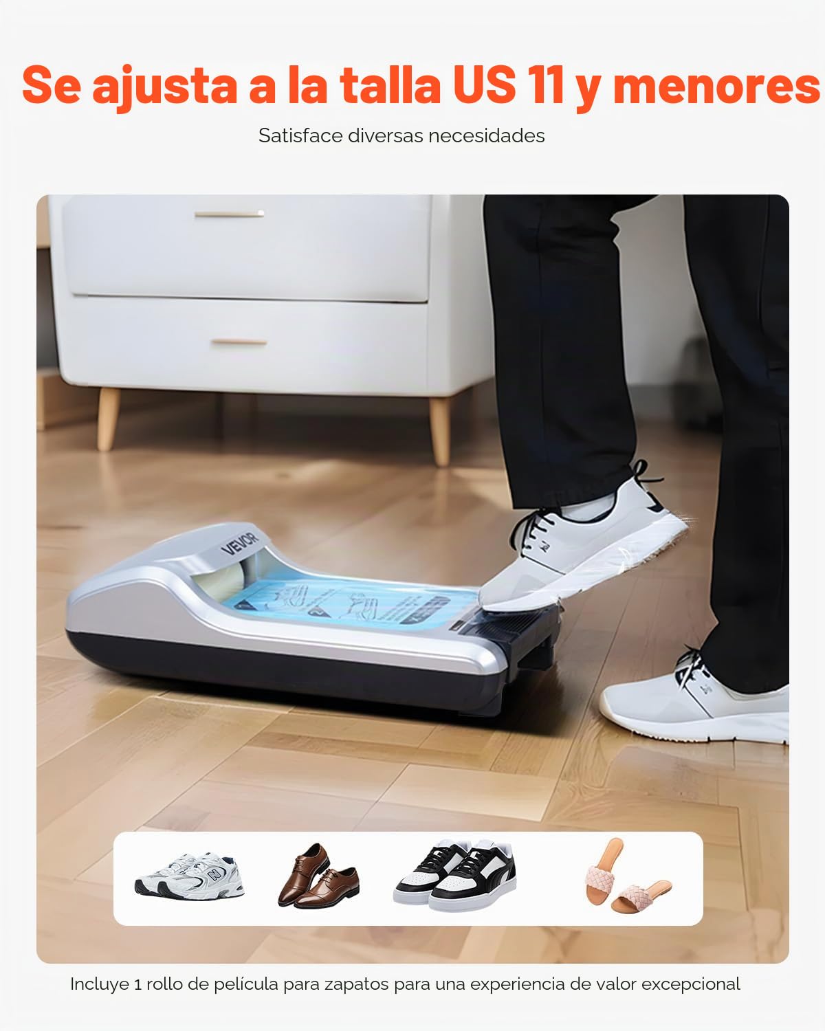 VEVOR Dispensador Automático de Fundas para Zapatos con 1 Rollo (600 unidades) de Membrana Desechable Antideslizante para Suelas, Compatible con Tallas Hasta la 11 de EE. UU.(34 x 19 cm), Plata