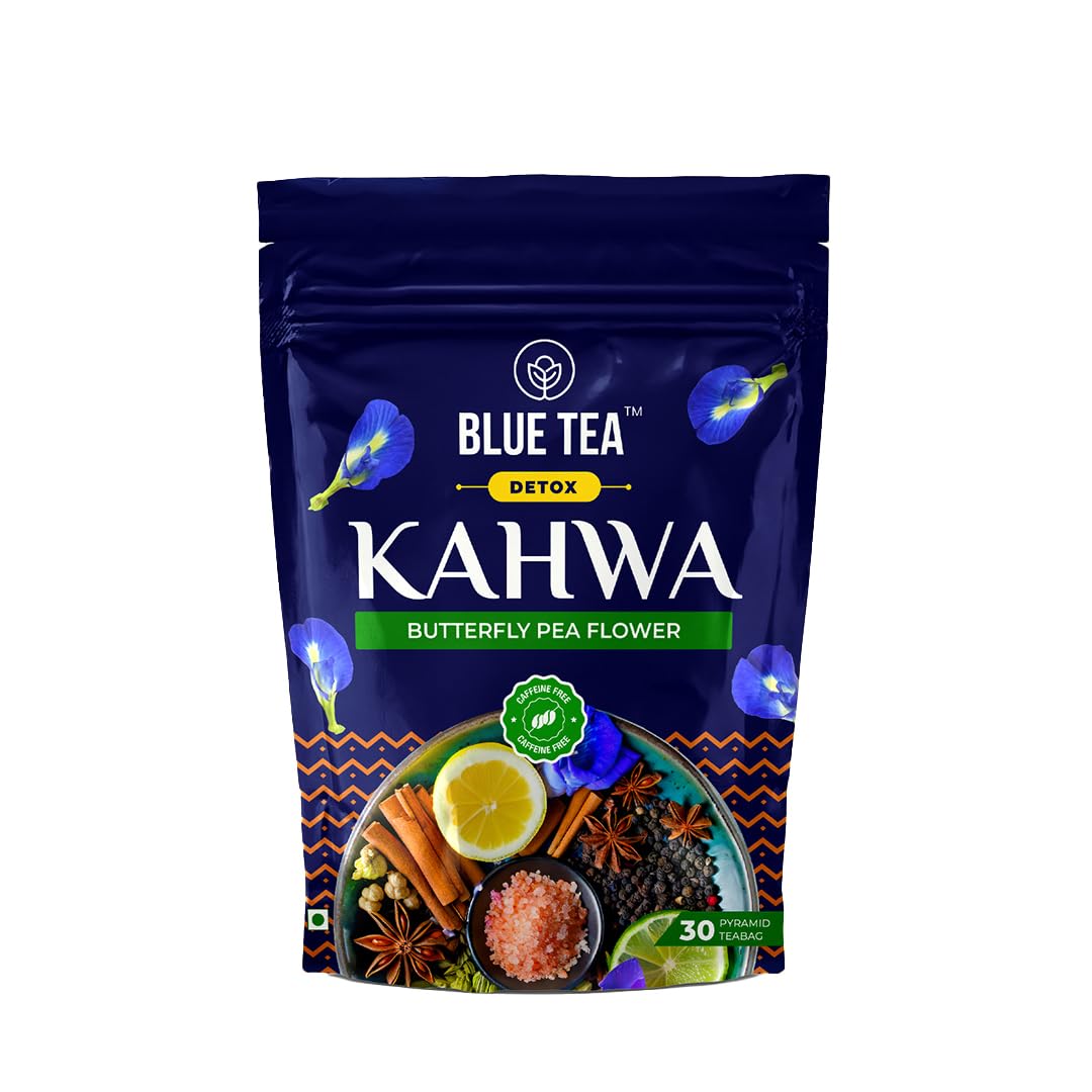 BLUE TEADetox Kahwa Butterfly Pea - 30 Tea Bags - Plant Based || DETOX BLEND || Caffeine Free - Improves Immunity - No-Additives - All Natural - Non-GMO - Non-Bitter | Ziplock Packaging