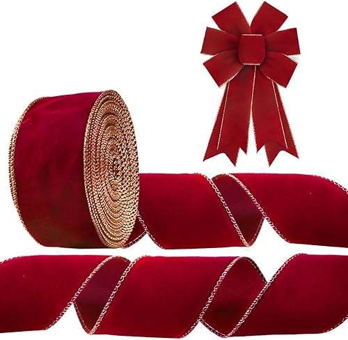 Miniatura 1 de Threetols Cintas de terciopelo rojo con borde con alambre de 10 yardas, cinta de arpillera con bordes dorados de terciopelo rojo de 2.5 pulgadas