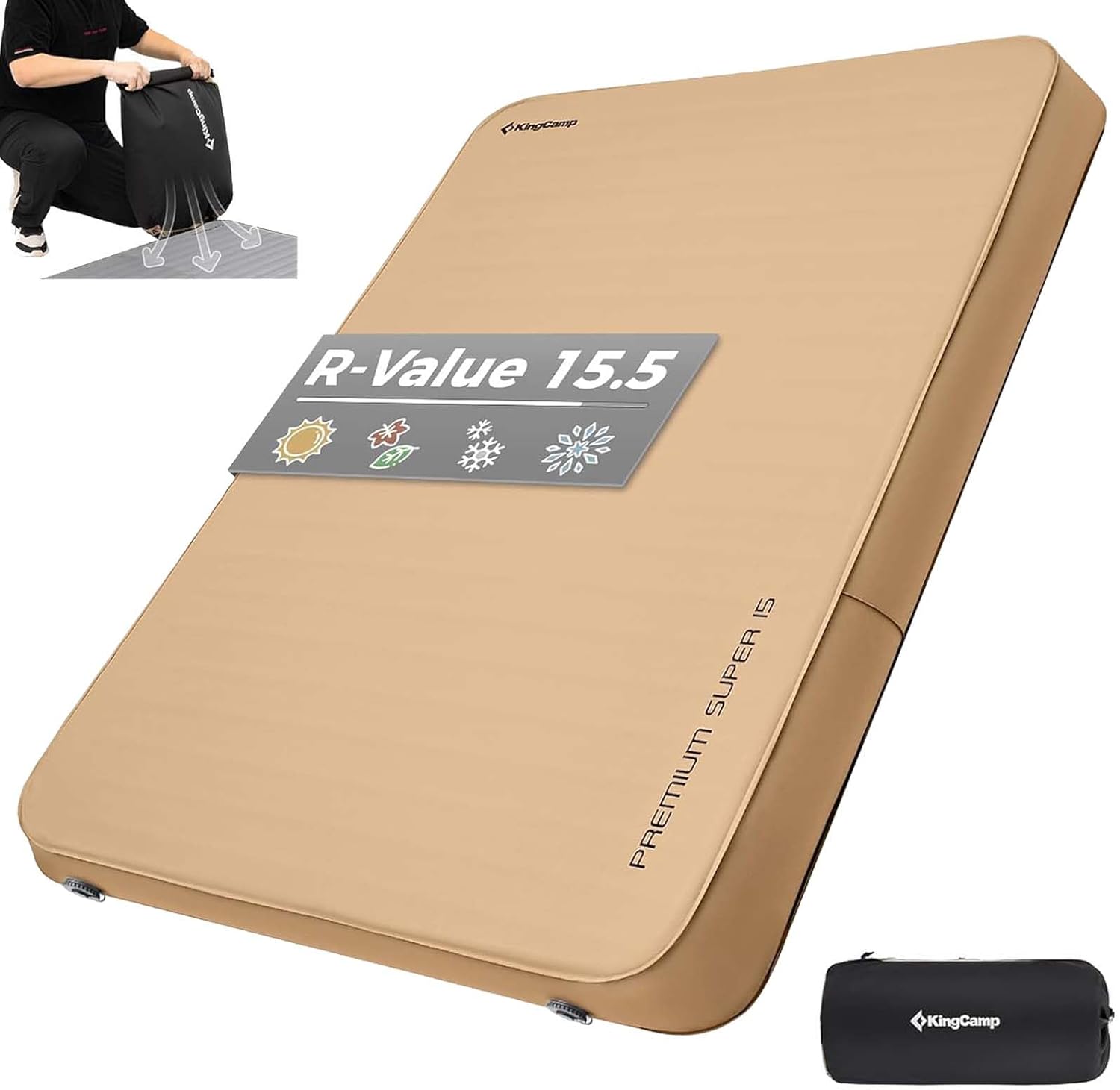 KingCamp Self Inflating Sleeping Pad, 6" Ultra Thick R 15.5 Air & Foam Camping Mattress 2 Person, Full Size Double Sleeping Pad for Camp Tent Outdoor Car, PVC Free (Khaki) Horizon Khaki 6" Full R-15.5
