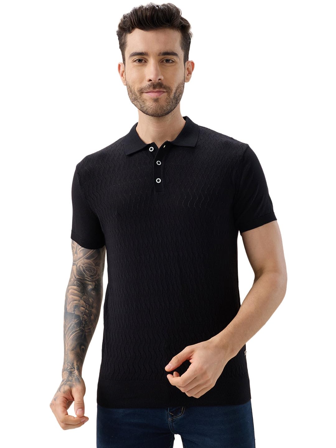 status quo Men's Solid Textured Polo Collar Half Sleeve Open Knit Sweater-picture-11
