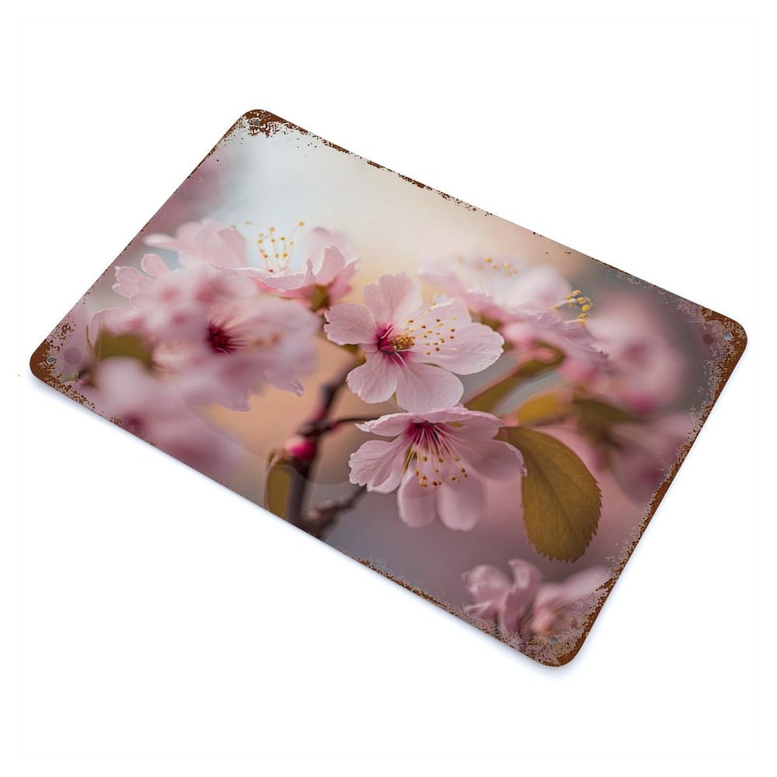 Cherry Blossom Macro Rust Effect Tin Sign 11.8"x7.9", Ideal for Farmhouse, Kitchen And Entryway Decor