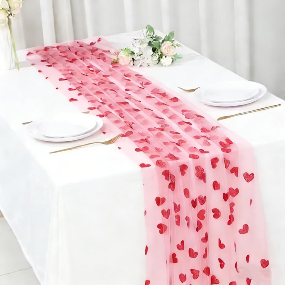 1PC Red Golden Heart Mesh Table Runner, 62.99 × 39.37 inch Pink Glitter Table Decoration with Red Heart for Wedding Proposal Candlelight Dinner Anniversary Engagement Valentine's Day Party