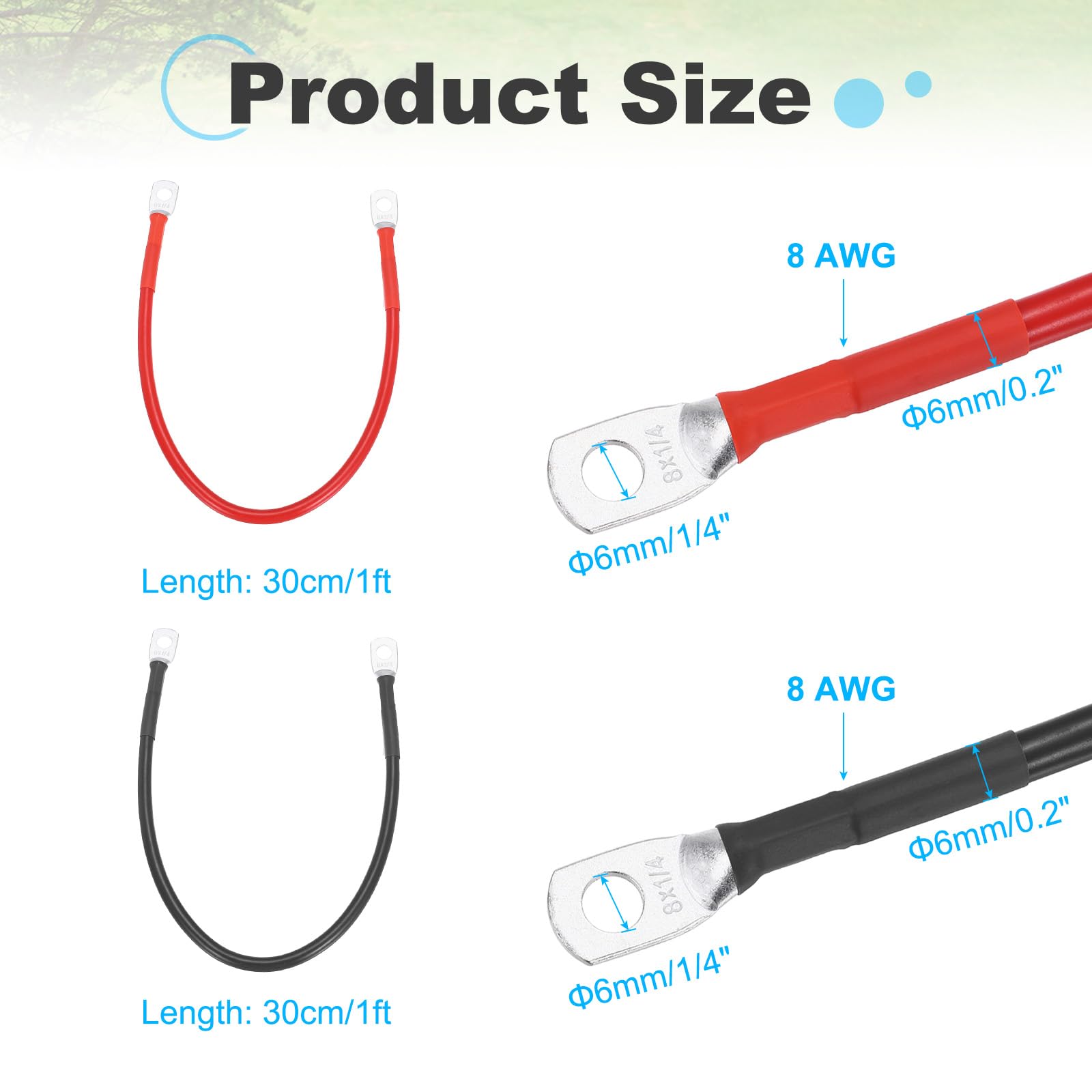 QUARKZMAN 2 szt. Kabel Do Baterii 8 AWG, 30 cm Przewody do akumulatora z czystą miedzią z 1/4" pierścieniowymi zaciskami do łodzi słonecznych samochodów RV, czerwony czarny