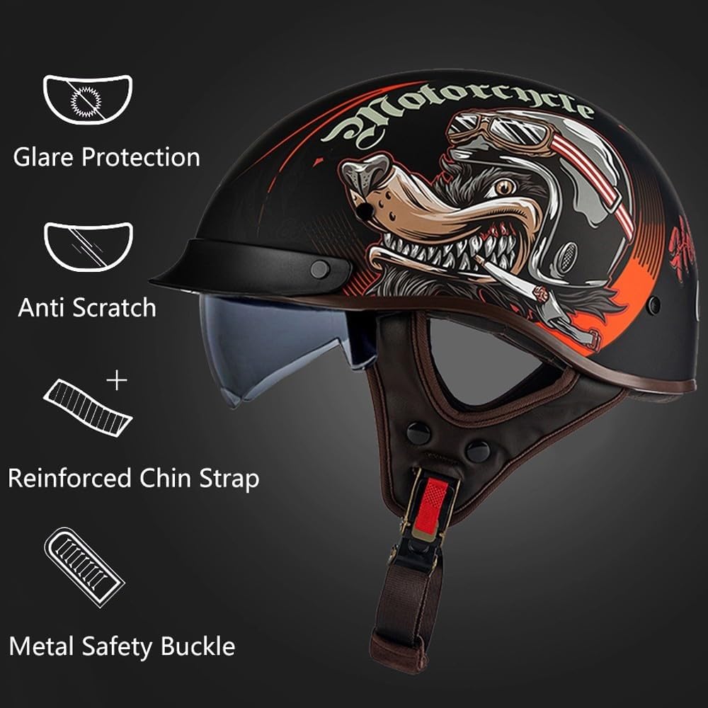 Retrò Mezzo Casco, Adulto Uomini Donne Stile Tedesco Casco a Faccia Aperta, Personalità Harley Caschi Motociclisti, ECE/DOT Certificato, per Scooter Incrociatore Chopper Moto