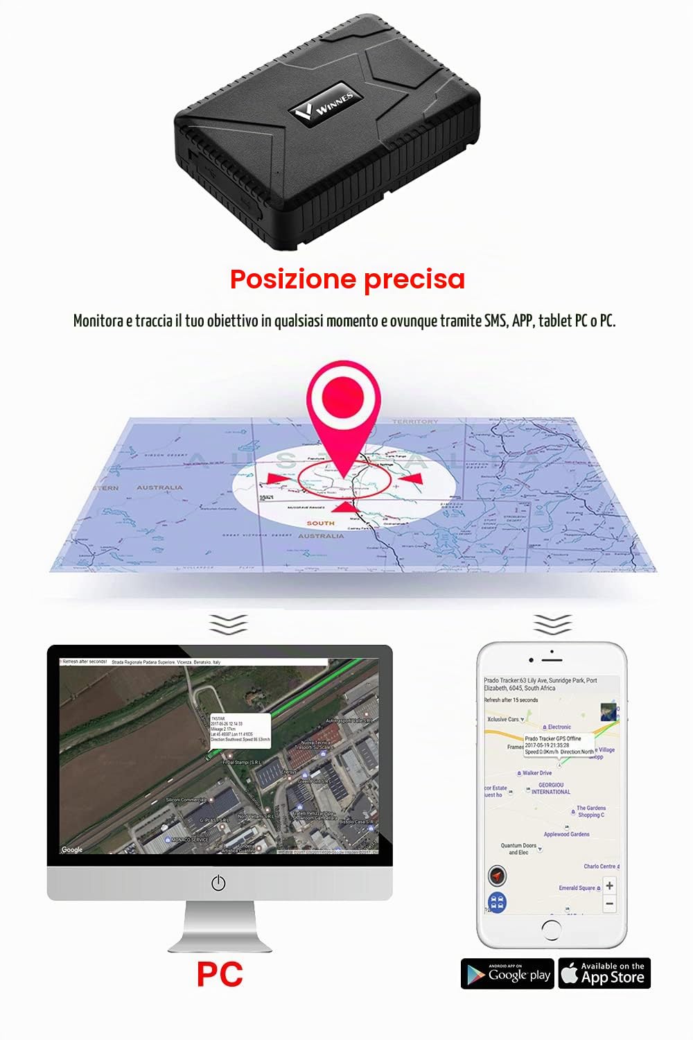 Winnes GPS Tracker Localizzatore per Auto/Veicoli/Camion/Moto - Inseguitore in Tempo Reale Impermeabile, Geo-fence, Allarme Shock - App/Web Gratuita, 10000 mAh, TK915
