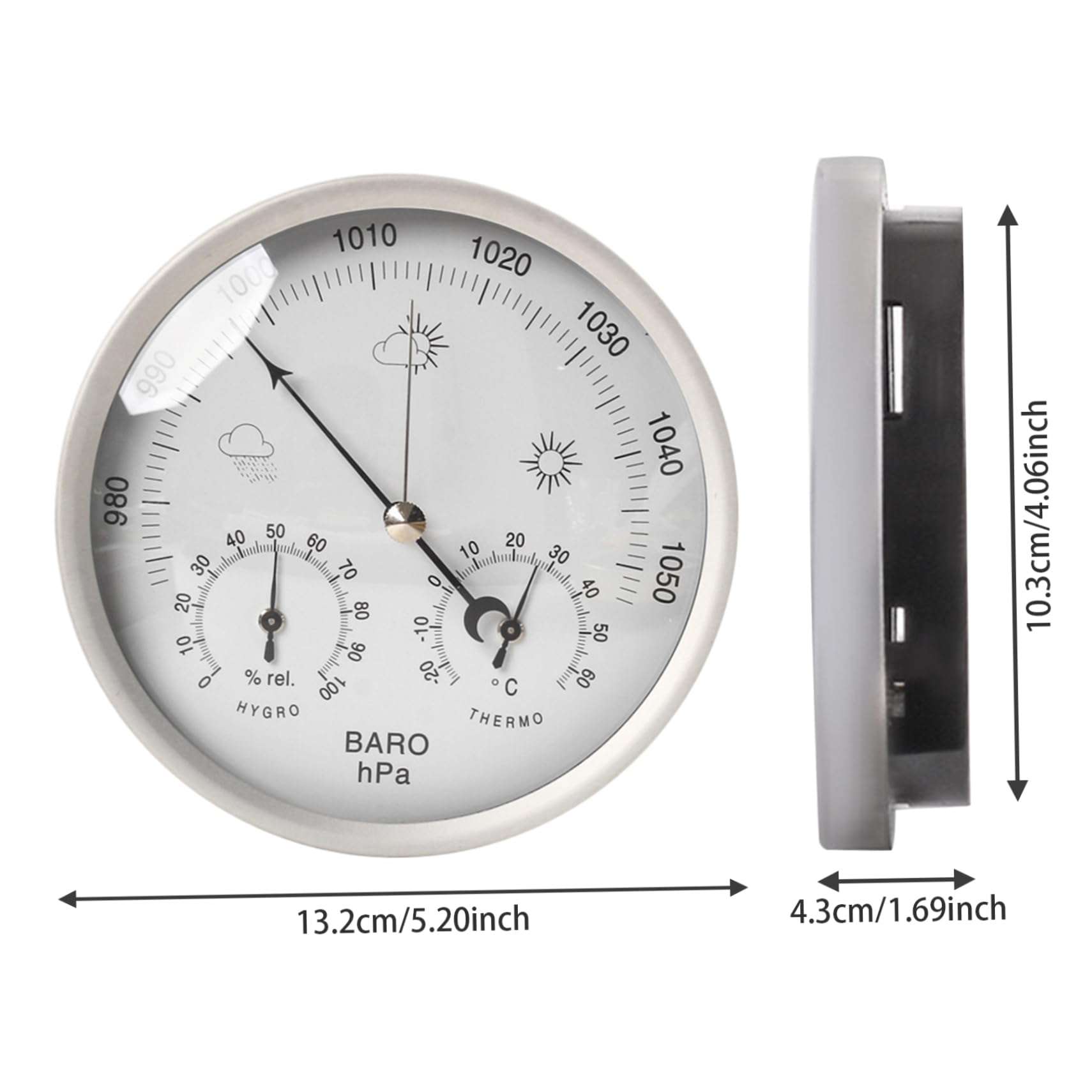 Baromètre 3 en 1, manomètre barométrique de 5,2 pouces, baromètre météo mécanique avec trou de suspension, baromètre à échelle claire, thermomètre hygromètre pour intérieur et extérieur, baromètre arg