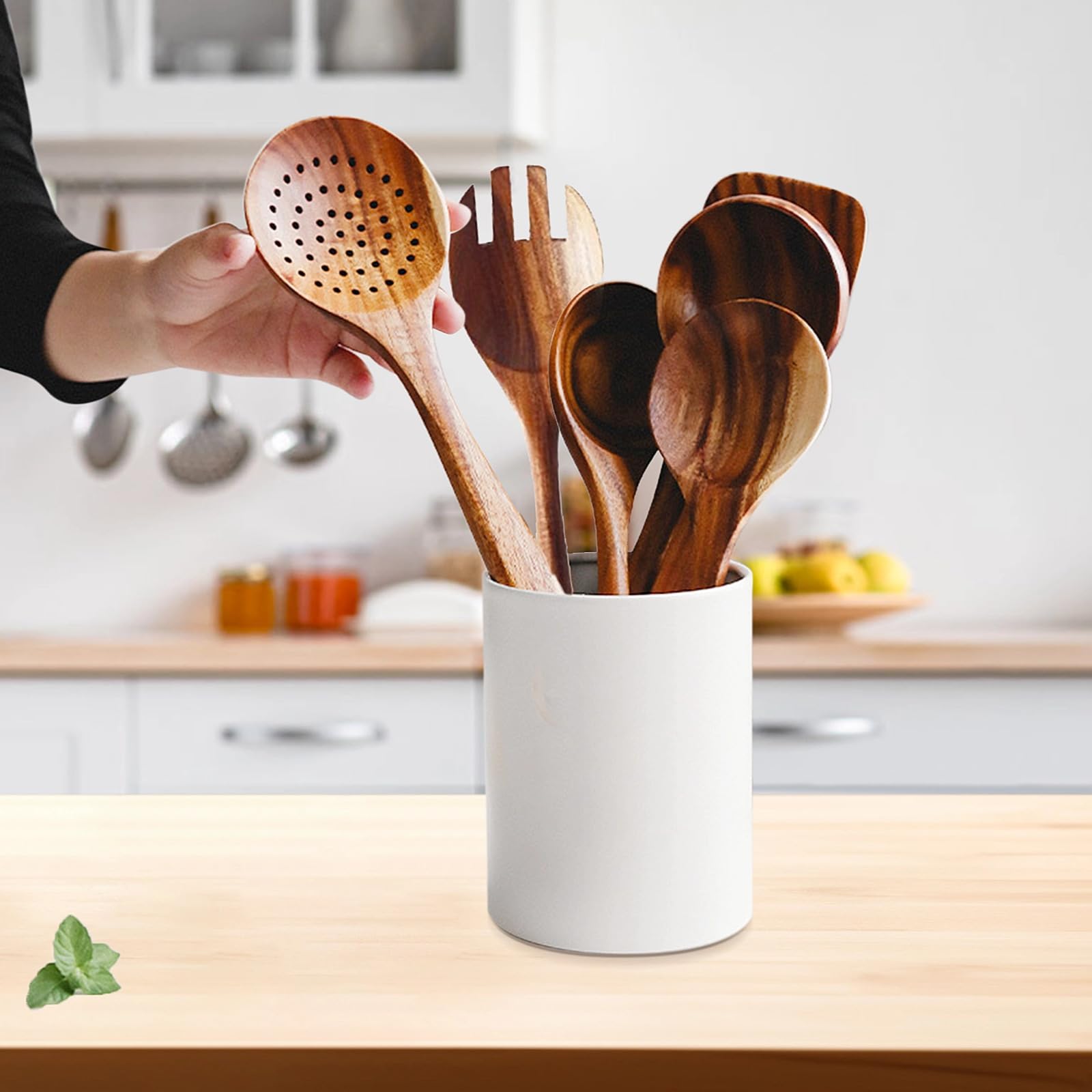Teakholz-Kochutensilien-Set, 6-teiliges Küchenhelfer mit langem Griff, antihaftbeschichtet und hitzebeständig, ideal zum Rühren, Mischen und Servieren