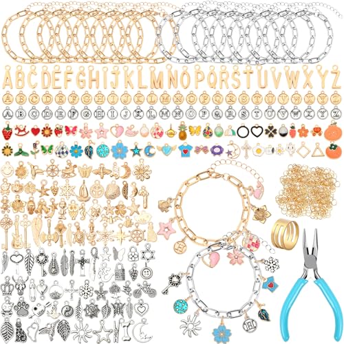 SANNIX 486Pcs Charm Bracelet Making Kit Including 16 Bangles 228 Charms 240 Jump Rings and Pliers Tools for Crafts Gold Silver Charm Chain for DIY Bracelet Making Supplies
