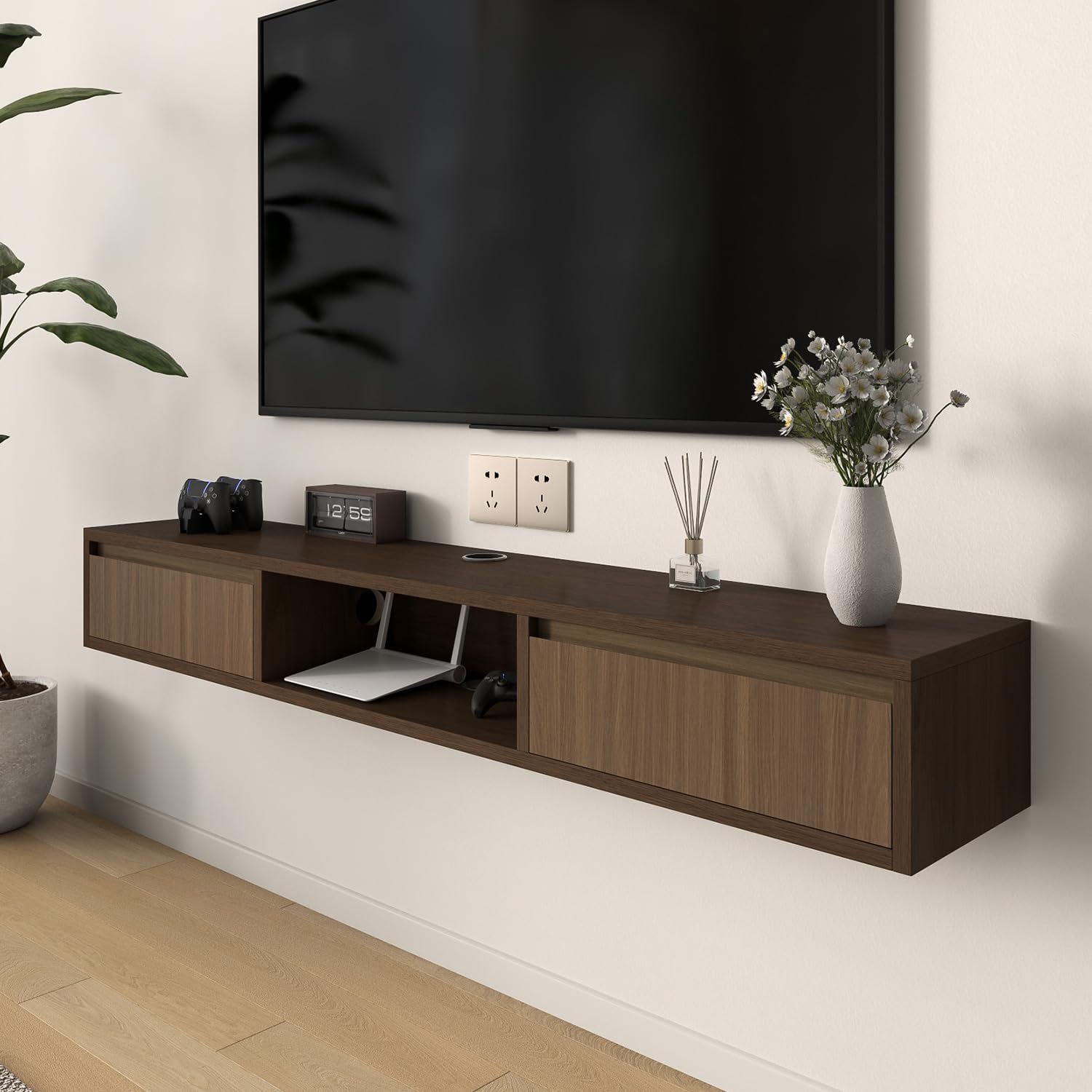 47 in Floating TV Stand Floating Tv Console for Tvs Up to 32/65 Inch Entertainment Center for Wall with 2 Flip-Down Cabinet Doors for Bedroom Living Room,Walnut+Natrural 47 IN Walnut+natrural