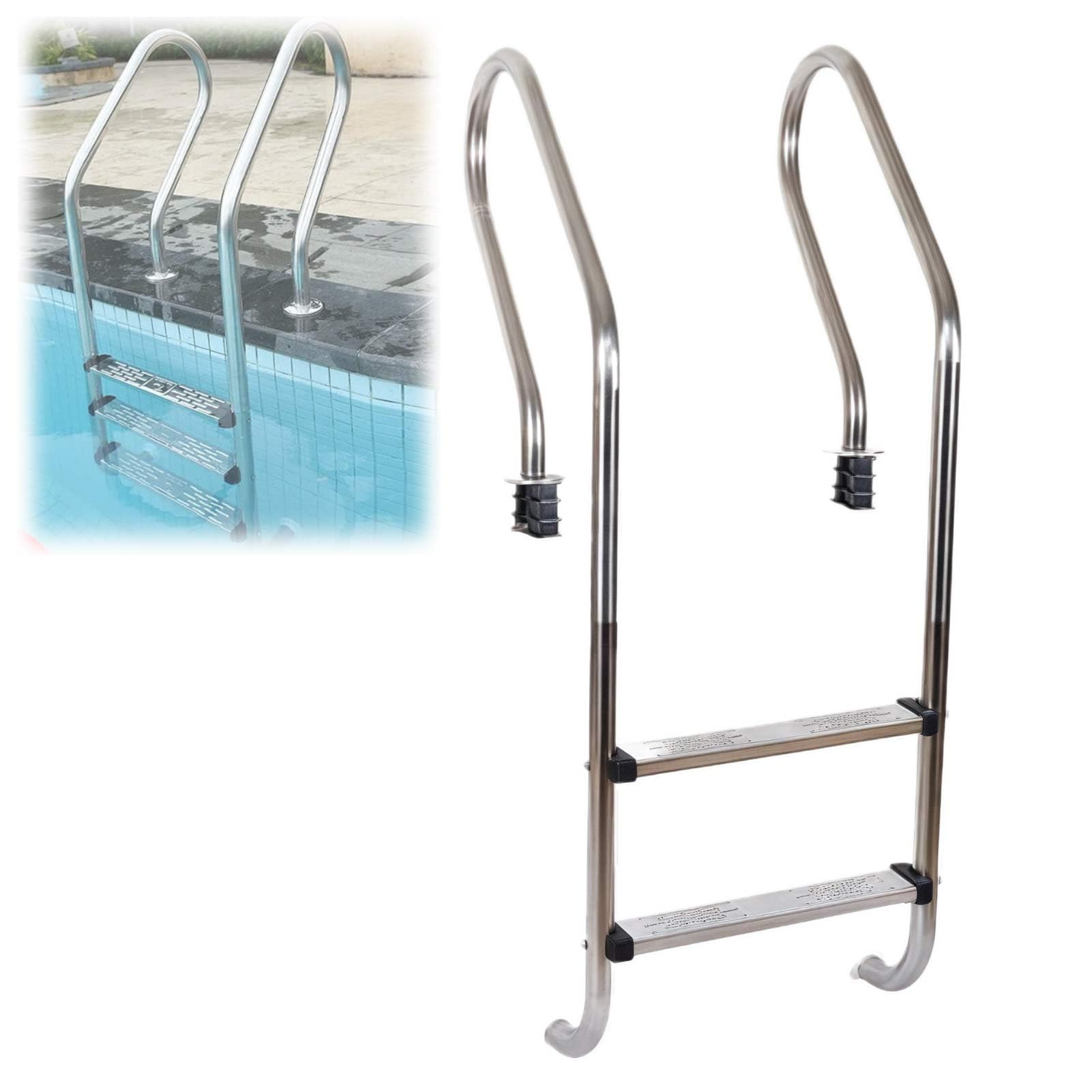 Scaletta per Piscina, in Acciaio Inox 304, a 2 gradini Antiscivolo, per Piscine interrate, Portata Massima 200 kg, Facile da installare per Piscine all'aperto.