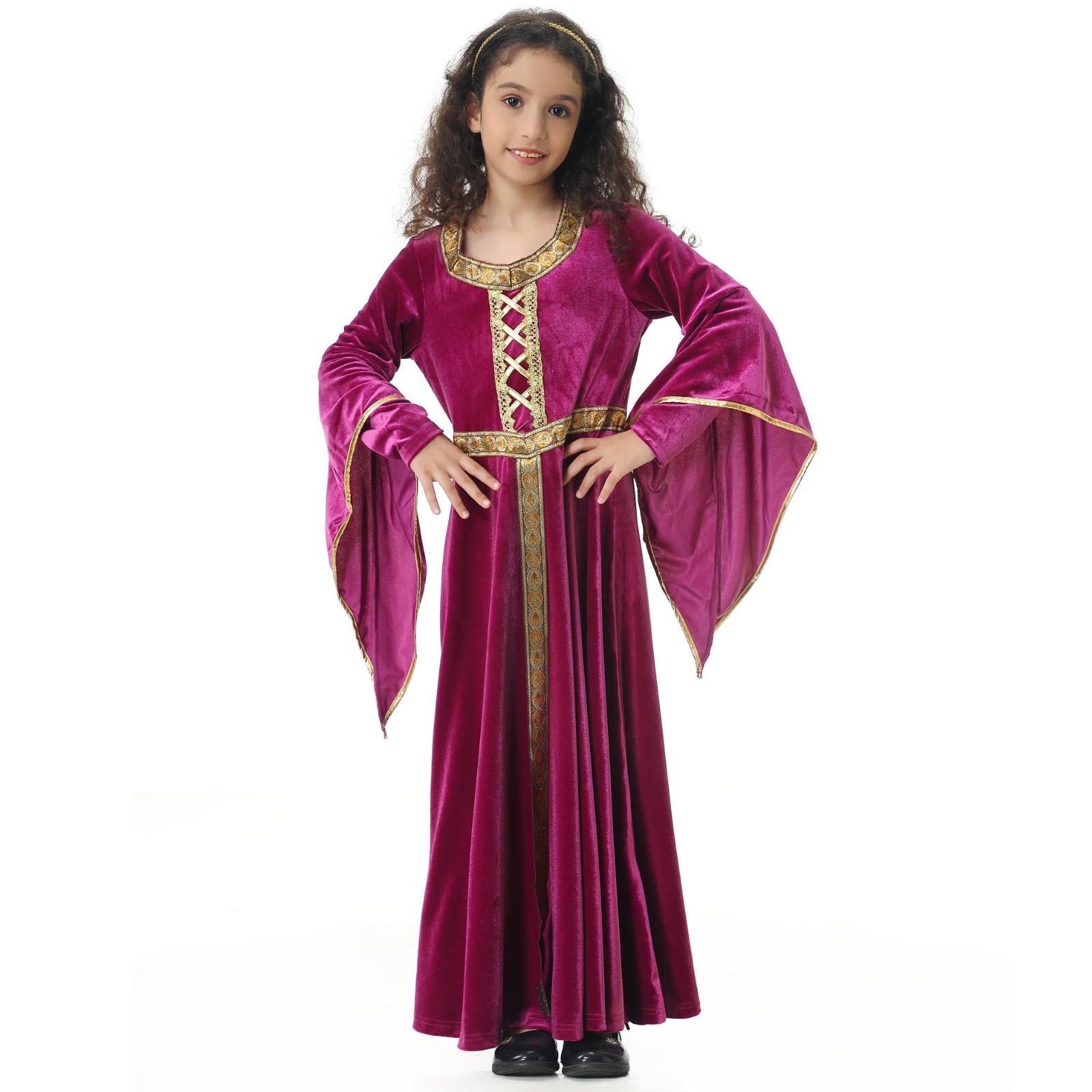maxToonrain Girls Medieval Princess Costume Renaissance Velvet Dress Kids Royal Fancy Dress Up for Halloween World Book Day (Pink