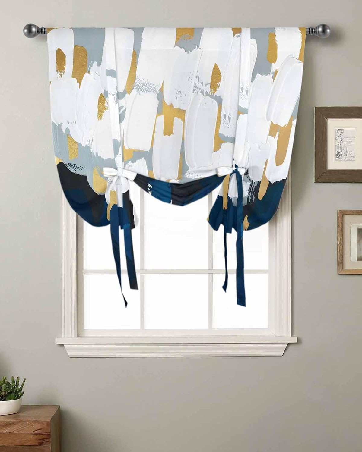 Blue White Tie Up Curtains for Windows 63 Inch Length Balloon Curtains Kitchen Adjustable Balloon Window Shade Gold Graffiti Painting Art Retro Country Tie Up Valance Bathroom Curtain Window 52"x63"