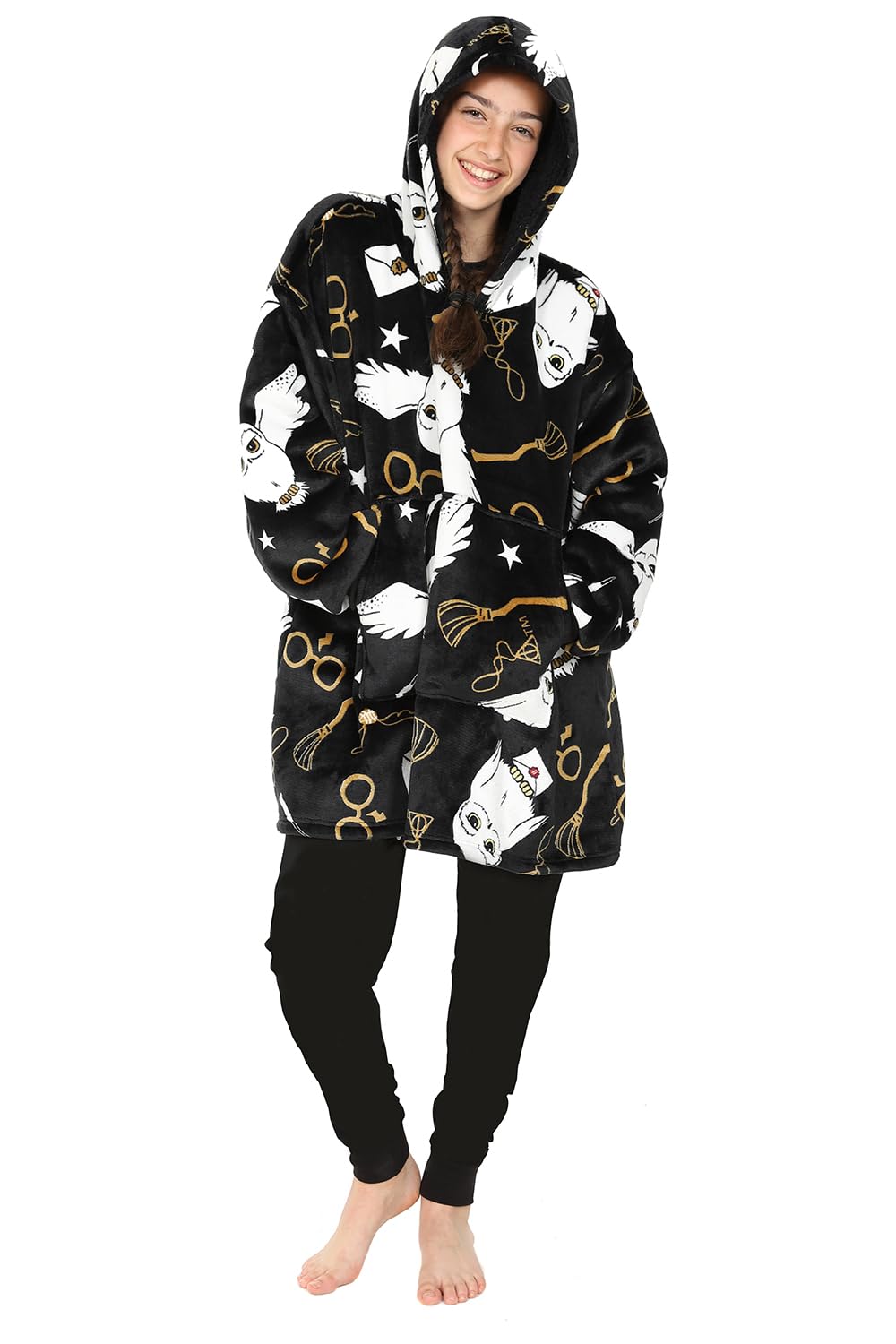 Harry Potter Hedwig Sweat à capuche noir pour fille, Couverture polaire surdimensionnée à capuche
