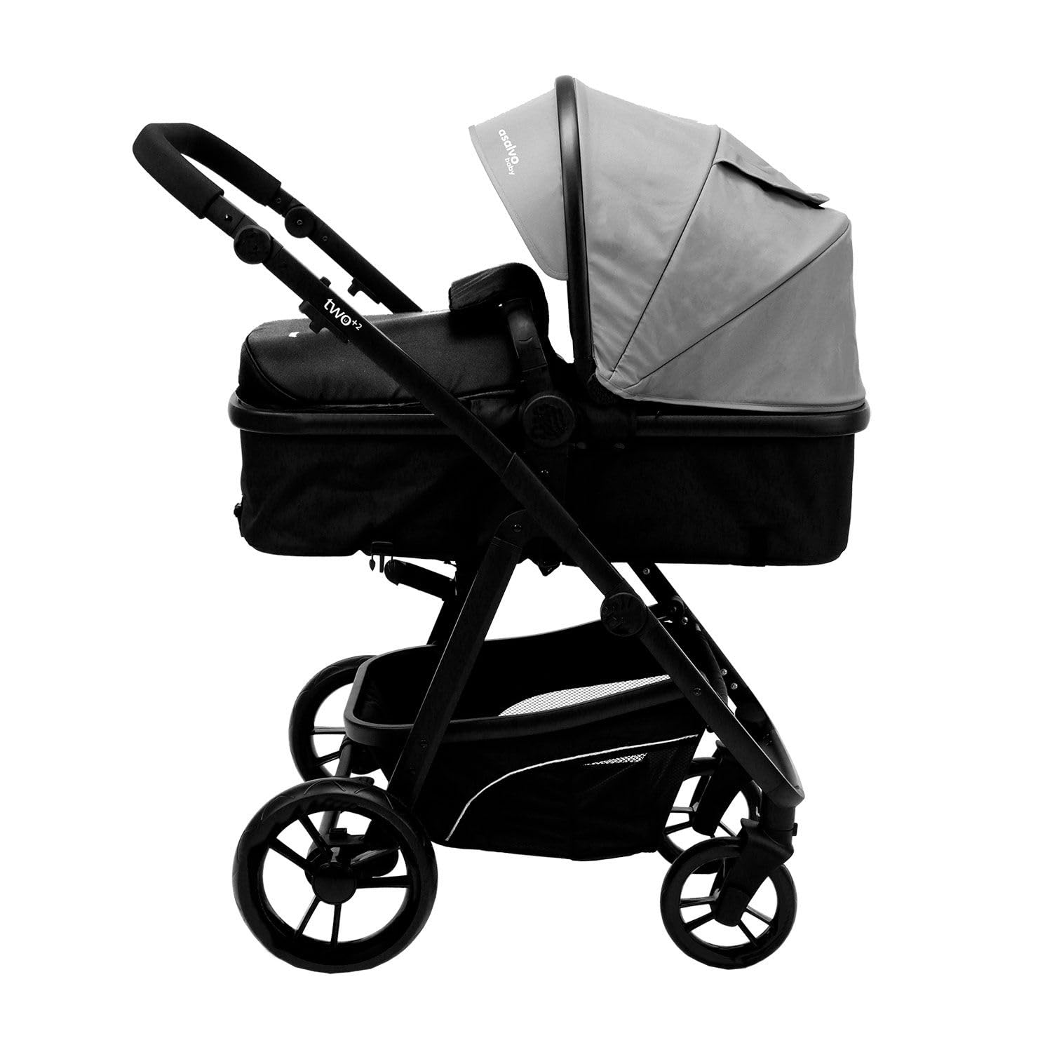 Asalvo TWO+ 2 Trío Convertible 3 en 1, Silla de Paseo, Carrito de bebé, Silla de Auto, Plegable, Compacto y Reclinable, Suspensión en las ruedas, Silla reversible, Amplio capazo, hasta 23 kg, Gris