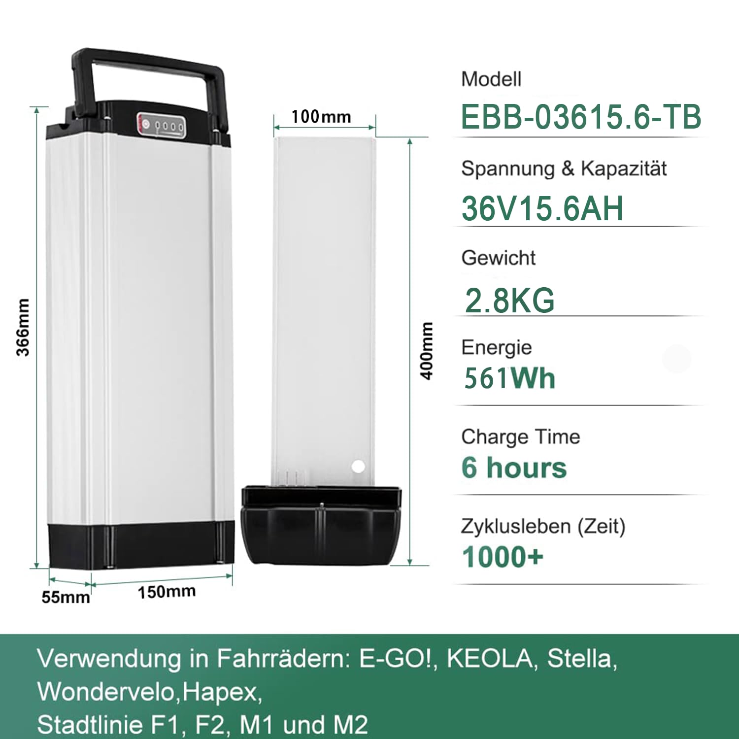 E-Bike 36 V 15,6 Ah akumulator do 36 V/48 V 250 W, 350 W, 500 W, litowy akumulator rowerowy z BMS i ładowarką