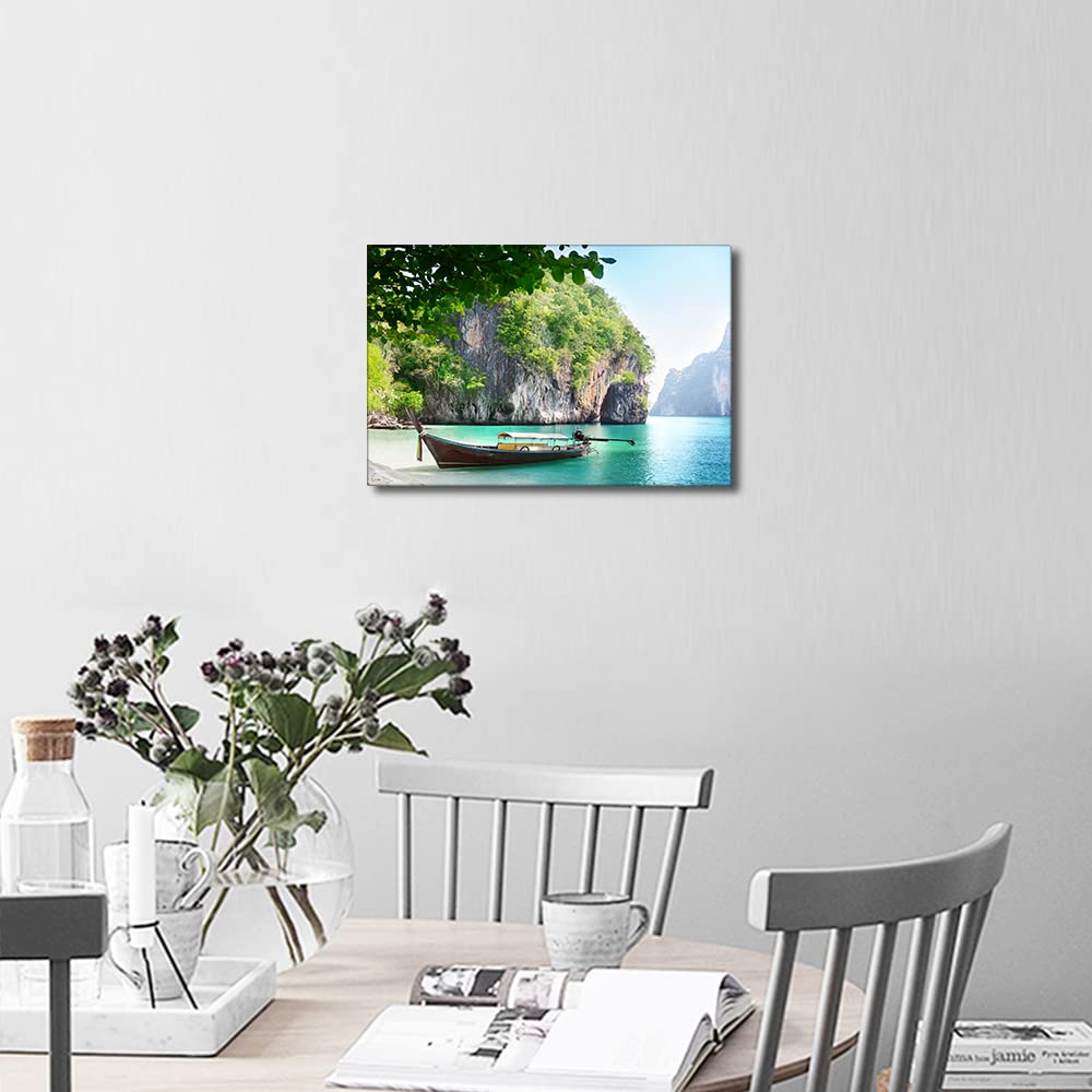 Canvas Wall Art for Interior Bathroom Wall Décor Long Boat on Island in Thailand Scenery for Living Room Bedroom Dining Room Decorations Framed Ready to Hang 12x18inch - Image 4