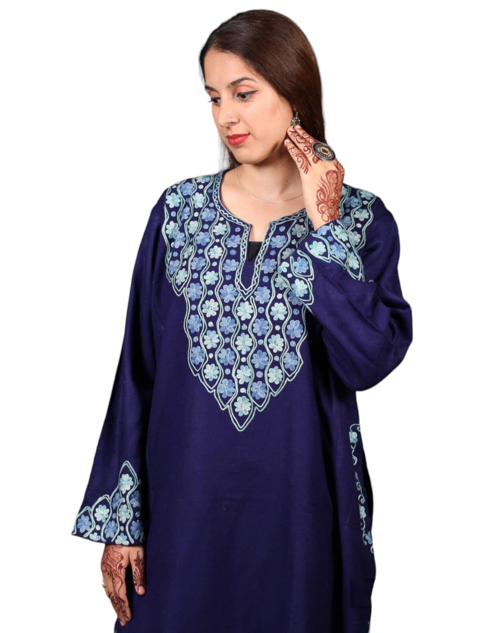 KASHMIR ORIGIN | Kashmiri Phiran | Neck & Border Design Aari Embroidered Blue Phiran- Free Size