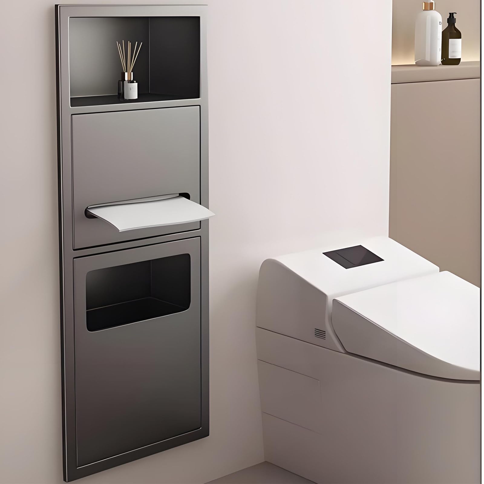 HuanSebesity Waterproof Stainless Steel Shower Caddy with Built-in Trash Can Stainless Steel Shower Niche Recessed Waterproof Storage Rack