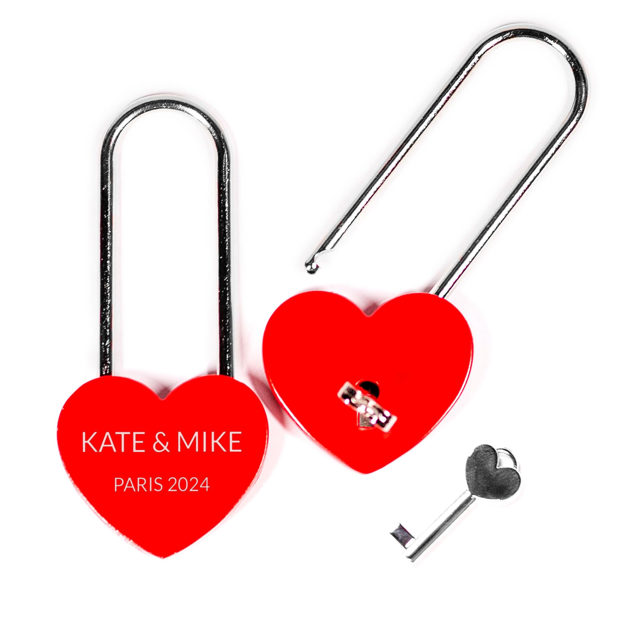 WDS Personalised Heart Padlock - Custom Engraved Padlocks with Keys, Love Key Red Hearts, Bridge Gift for Couples with Text Names and Date, Metal Wedding Anniversary Birthday Valentines Day Gifts