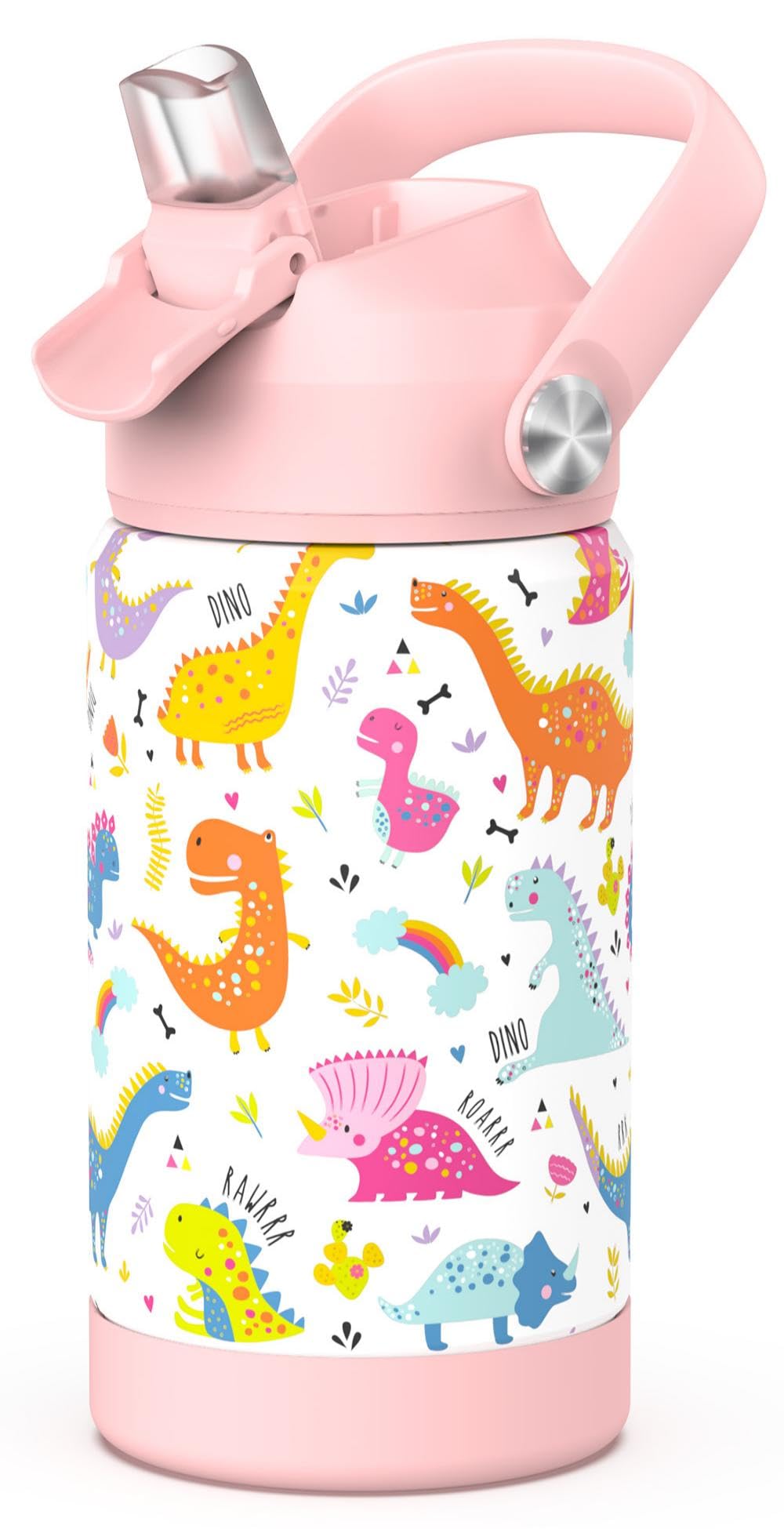 ntskood Girls Dinosaur Water Bottle for School，Kids 12 oz Insulated Stainless Steel Cup with Straw, Double-Wall Vacuum Leakproof — image 1