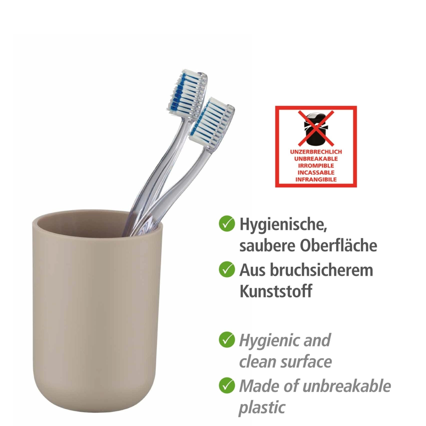 Bad-Accessoire Set Mod. Brasil, 4-teilig bestehend aus Zahnputzbecher, 320 ml Seifenspender, Kosmetikeimer 6,5 Liter & WC-Garnitur inkl. WC-Bürste, aus bruchsicherem Spezialkunststoff, Taupe