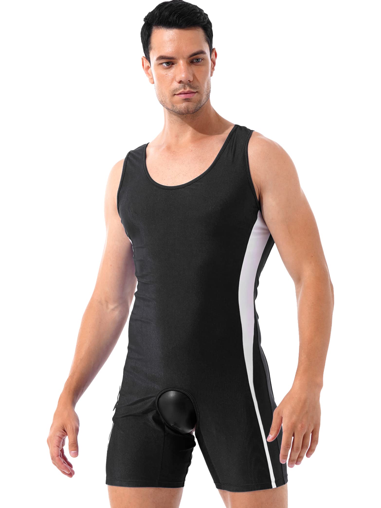 Daenrui Men's Wrestling Singlet One-Piece Bodysuit Jumpsuit Sleeveless Mankini Romper Swimwear Black X-Large