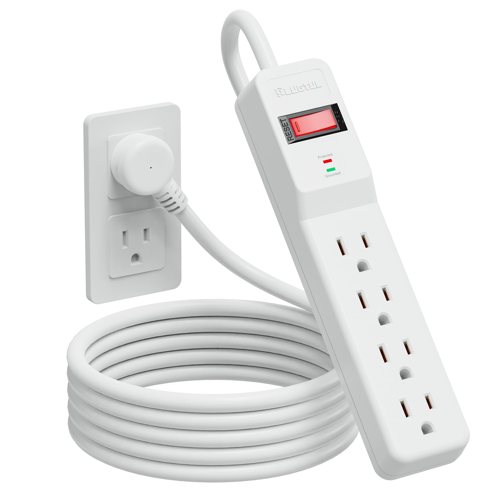PLUGTUL Power Strip Surge Protector 6FT, 980Joules, 4 Outlet, Flat Plug, Wall Mountable for Home Office Garage, ETL Listed, White