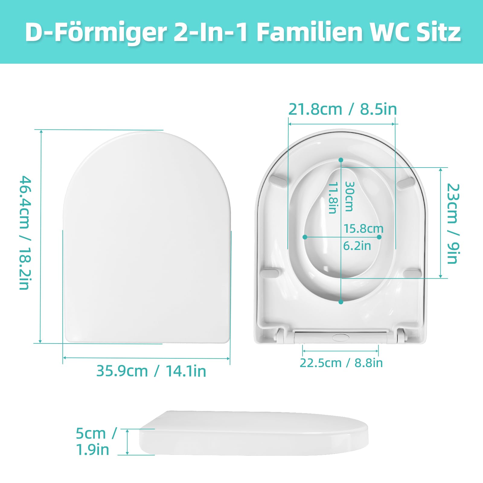 Tavoletta copriwater con abbassamento automatico, in Duroplast infrangibile, antibatterico e resistente ai raggi UV, forma a D, con sedile per bambini fino a 200 kg, colore: bianco