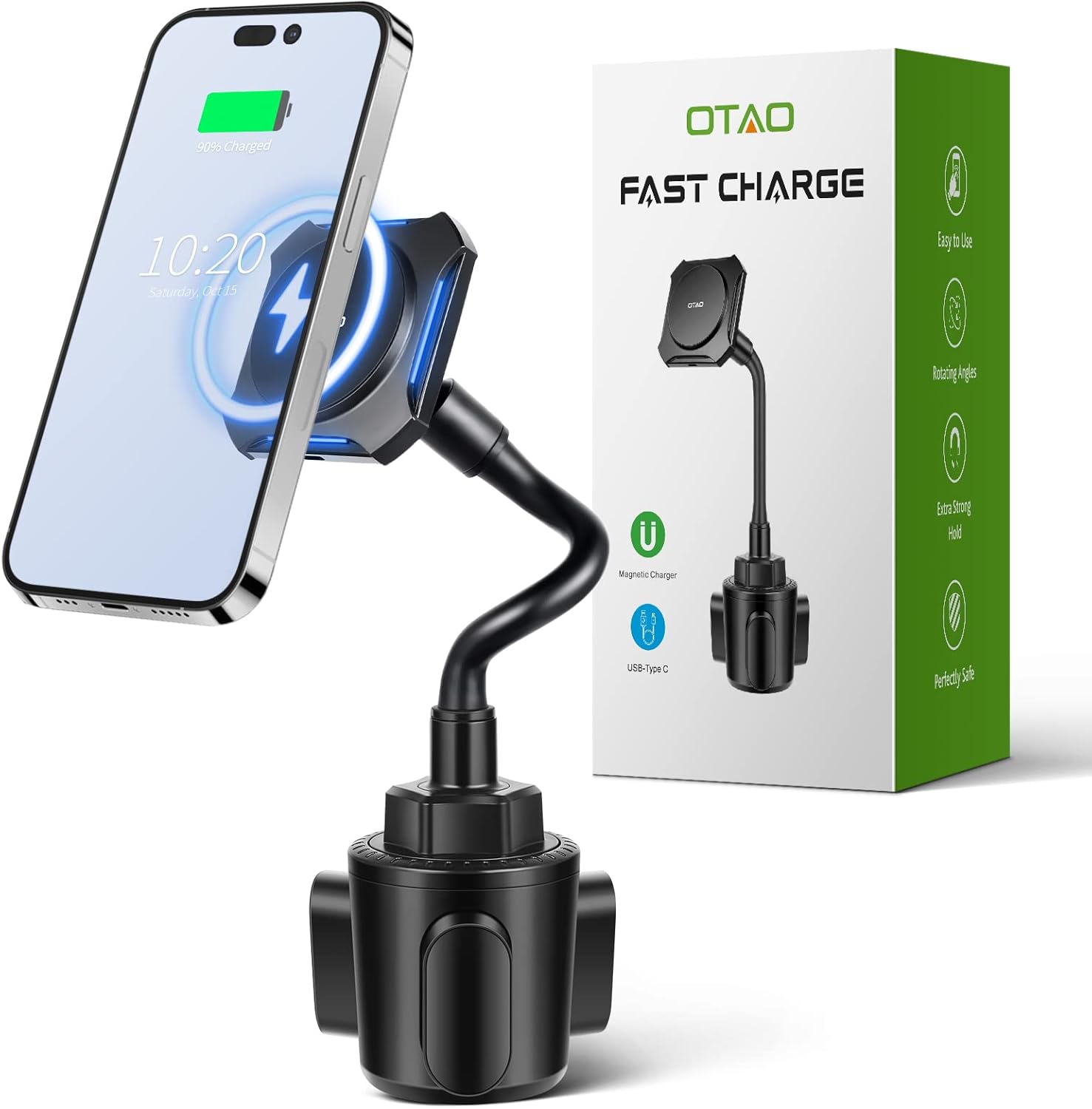 OTAO Magsafe Car Mount Charger, Cup Holder Phone Mount for Car[Adjustable Gooseneck