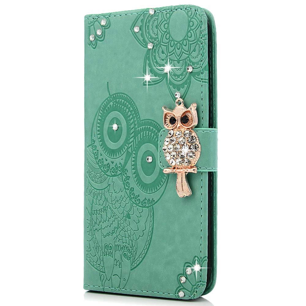 Case Compatible with Samsung Galaxy J5 2017 J530, PU Leather + TPU Flip Folio Wallet Cover [Diamond Owl] [Stand Function] [Card Slot] [Magnetic Closure] Mandala Bling Protective Bumper - Light Green