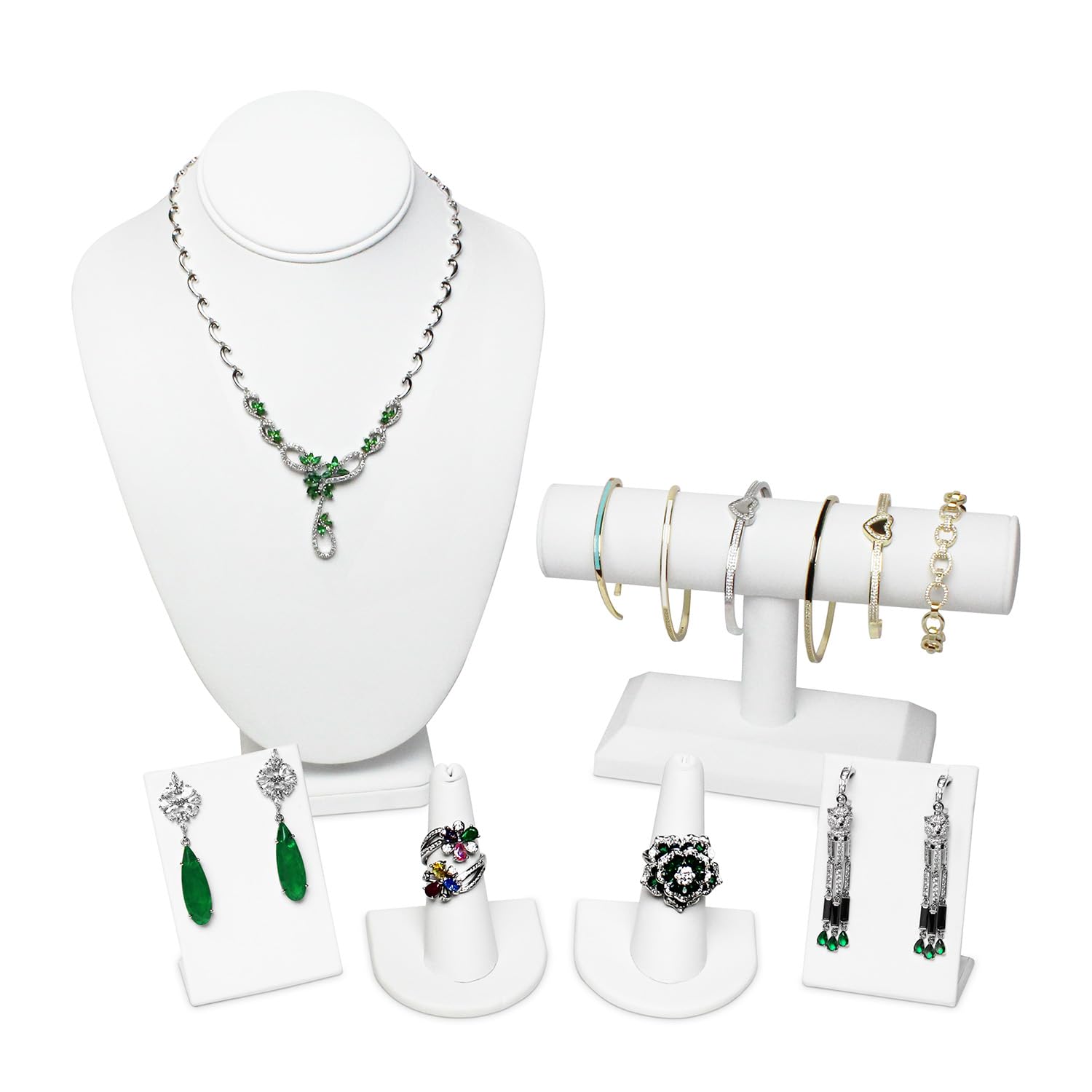 MOOCA 6 Pcs Jewelry Display Set, Necklace Display Bust, T-Bar Bracelet Stand, Earring Organizer, Ring Holder Stand for Showcase and Store, Premium White Faux Leather