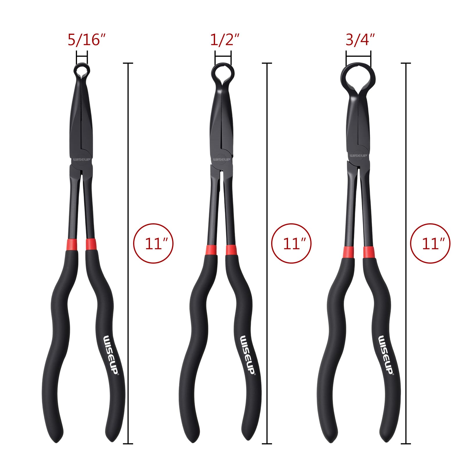 WISEUP 3-Piece 11" Long Reach Hose Grip Pliers Set, 5/16-Inch, 1/2-Inch, 3/4-Inch Dia O-shape nose plier for Easy Removal and Installation of Automotive Hoses and Fitting