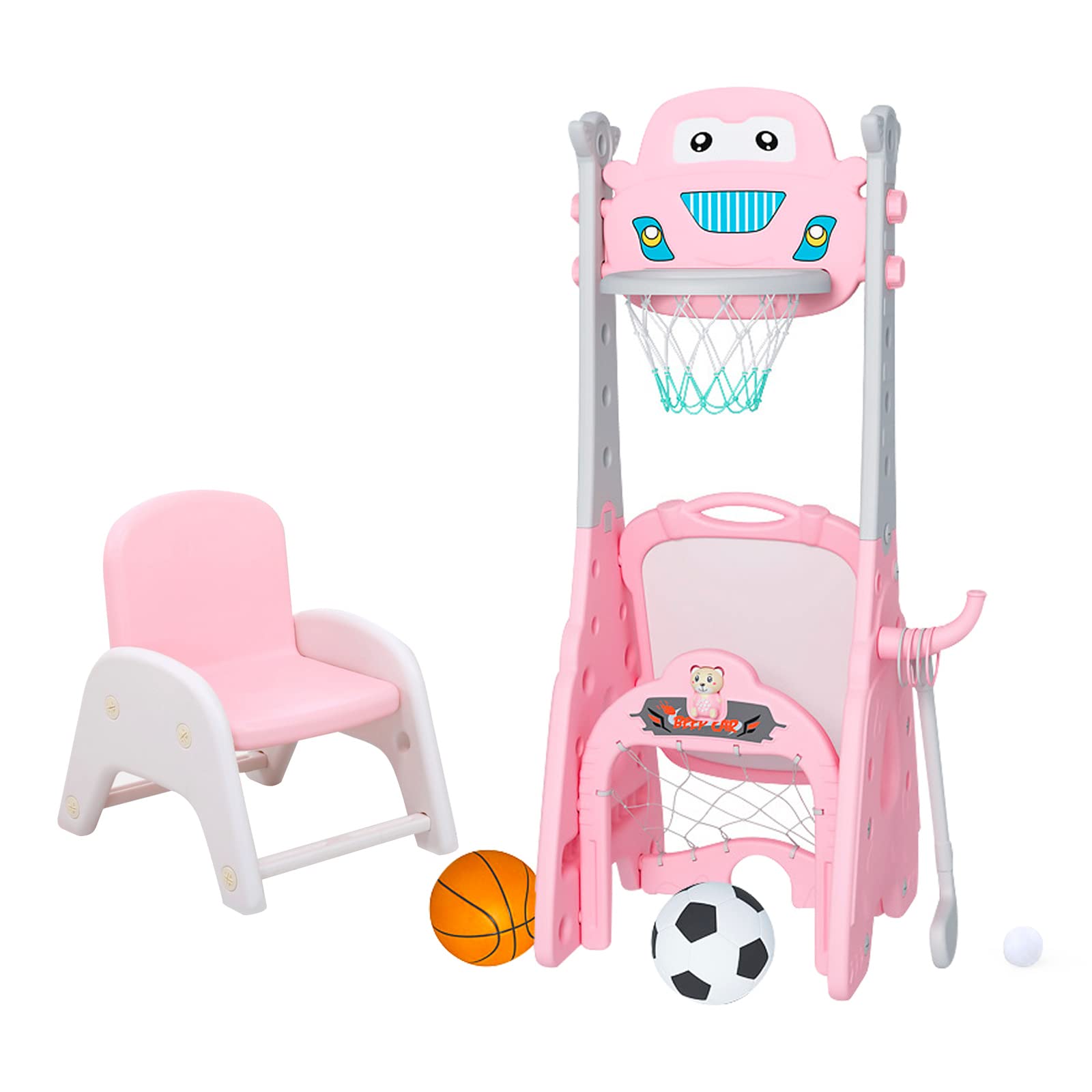 KIDS WONDER 6 in 1 Basketball Hoop for Kids, Indoor Outdoor Toy for Toddler, Sports Activity Center, Adjustable Height Football & Golf & Ring Toss Game Set (Pink)