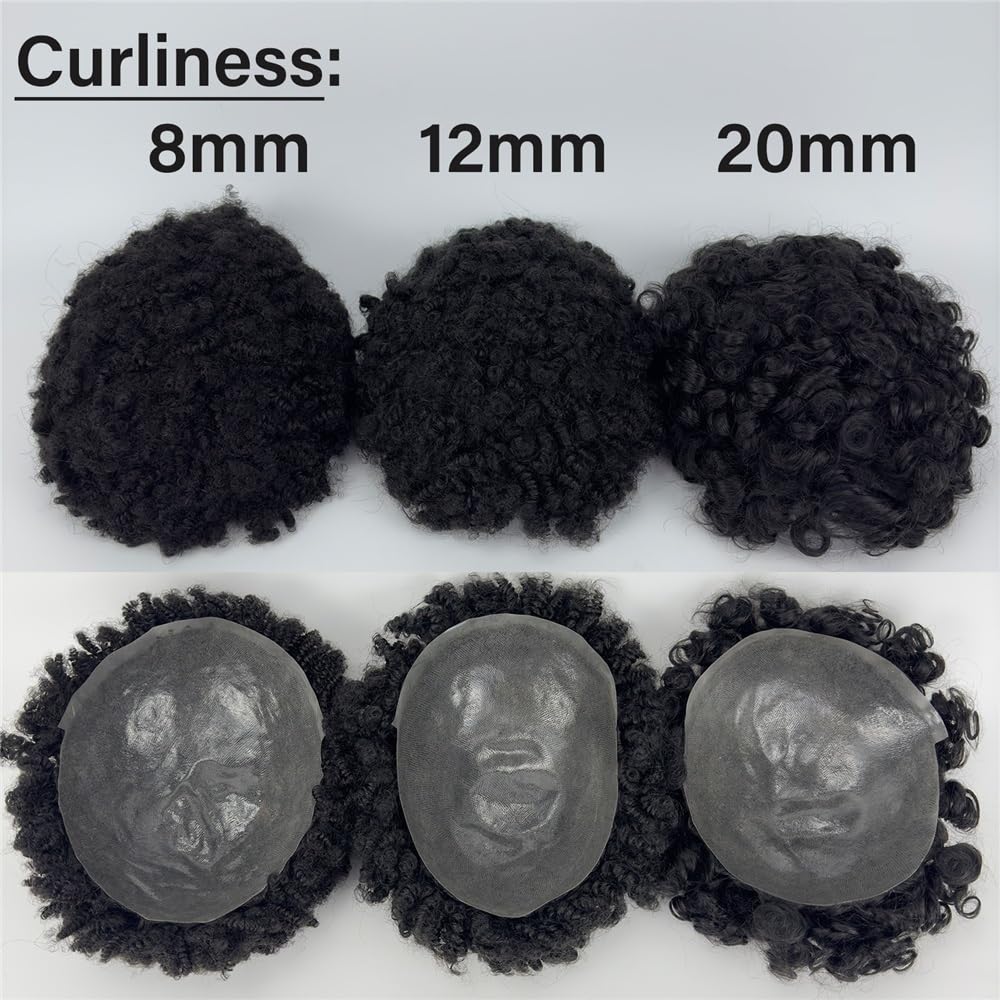 Men's Toupee Protesi capillare maschile con base in pelle PU, for uomo, con capelli veri ricci da 12 mm, con iniezione di capelli umani