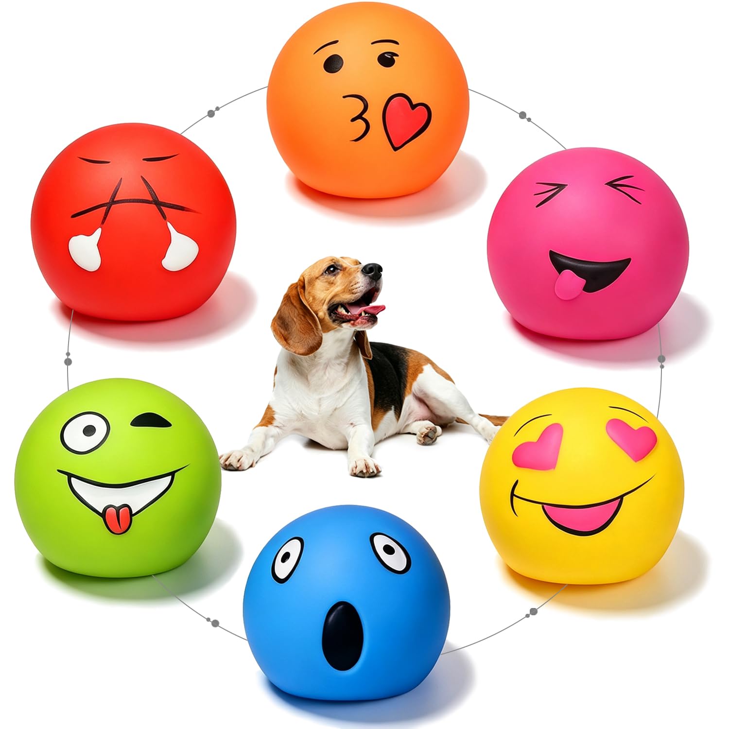 HOLYSTEED Quietschendes Hundespielzeug für mittelgroße Hunde, weicher Latex, quietschende Hundebälle, lächelndes Hundespielzeug, 6 runde Bälle für kleine, mittelgroße Rassen