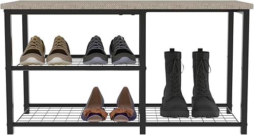 Banco de zapatos de 3 niveles para entrada, organizador de almacenamiento de zapatos y botas, ahorra espacio para zapatos grandes, marco de acero