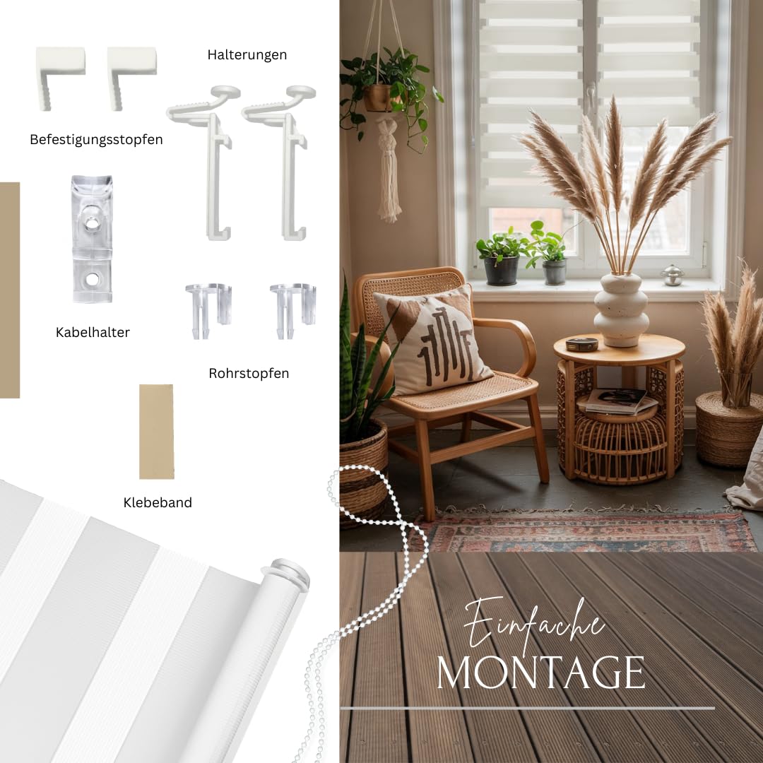 Home-Vision Premium DuoRollo Klemmfix ohne Bohren mit Klemmträgern Doppelrollo für Fenster & Türen (Weiß B80cm x H220cm) Lichtschutz Tag & Nacht Rollos einfache Montage